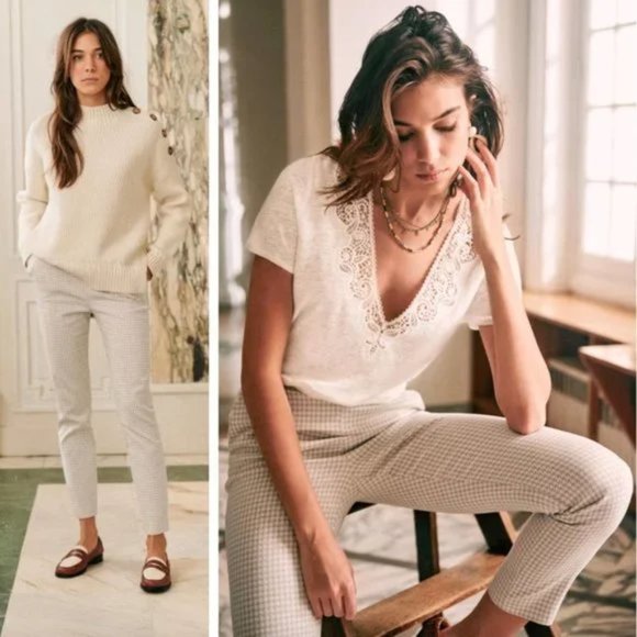 New Sezane Clara houndstooth cropped ankle straight leg high rise trouser pants - Picture 6 of 15